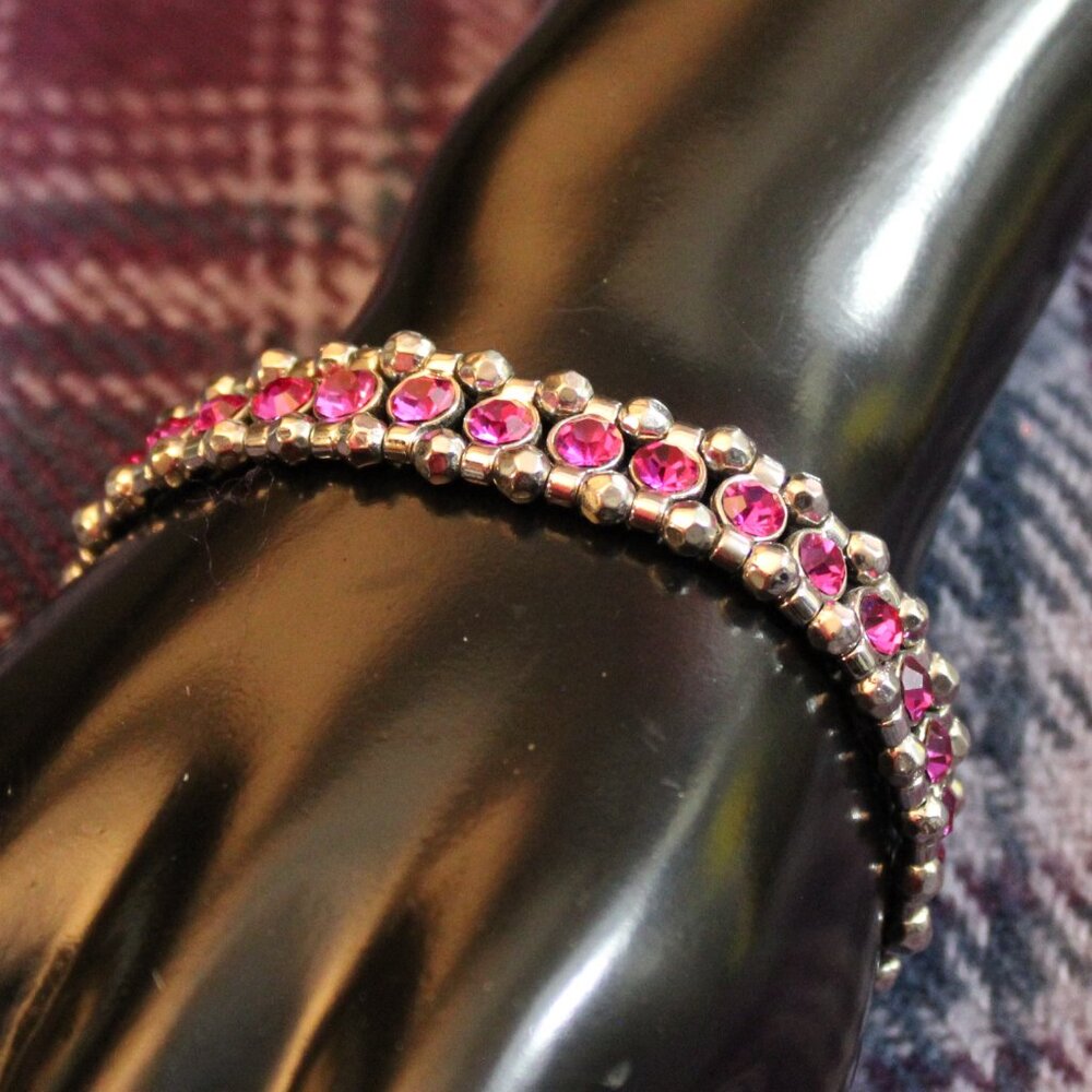 Silver Tone Pink Rhinestone Stretch Bracelet
